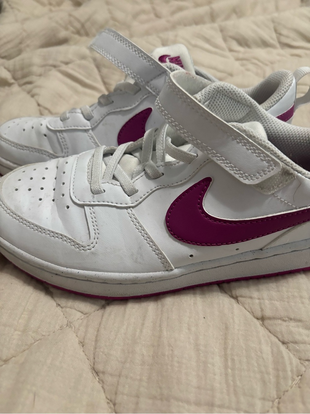 Nike Kids White Sneakers with Pink Swoosh - Velcro Strap